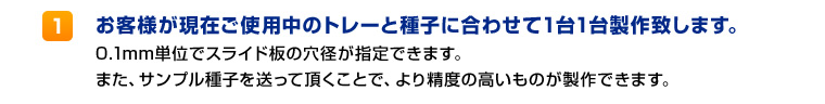 １．お客様が現在ご使用中のトレーと種子に合わせて１台１台製作致します。